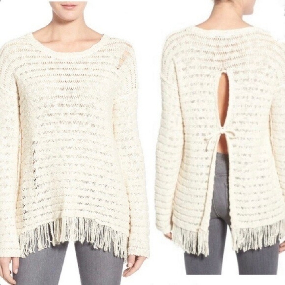 Pam & Gela Cream Fringe Open Back Sweater NWT